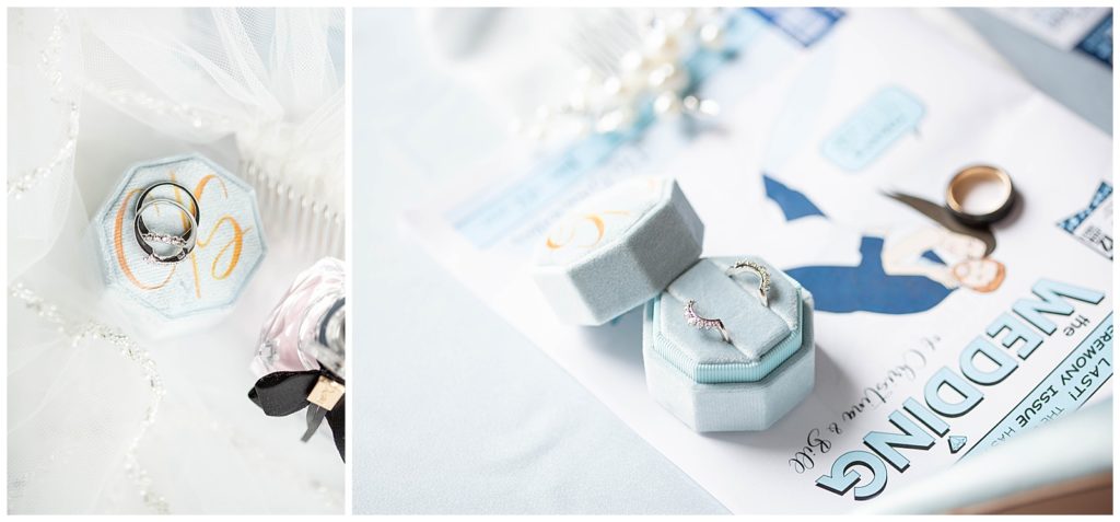 baby blue velvet ring box, wedding veil, wedding bridal details, wedding rings, YSL perfume, diamonds and pearls