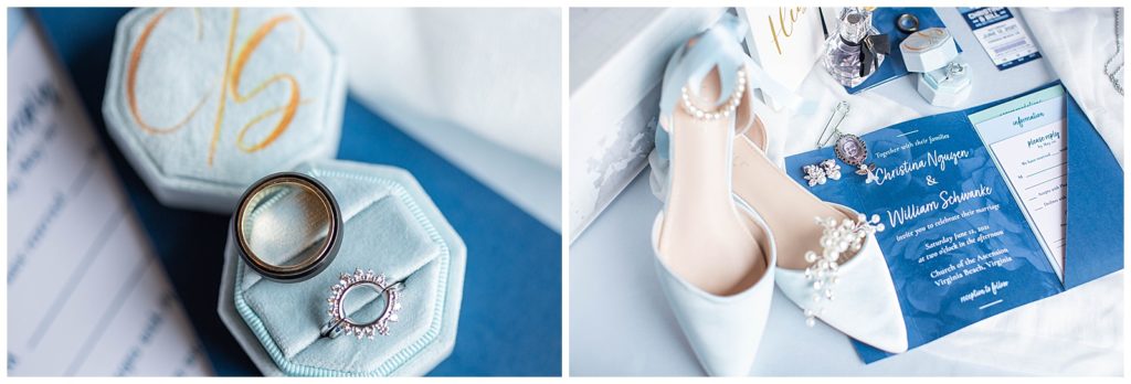 Wedding Bridal Details, baby blue shoes, YSL perfume, wedding rings, invitation suite, velvet ring box, pearls
