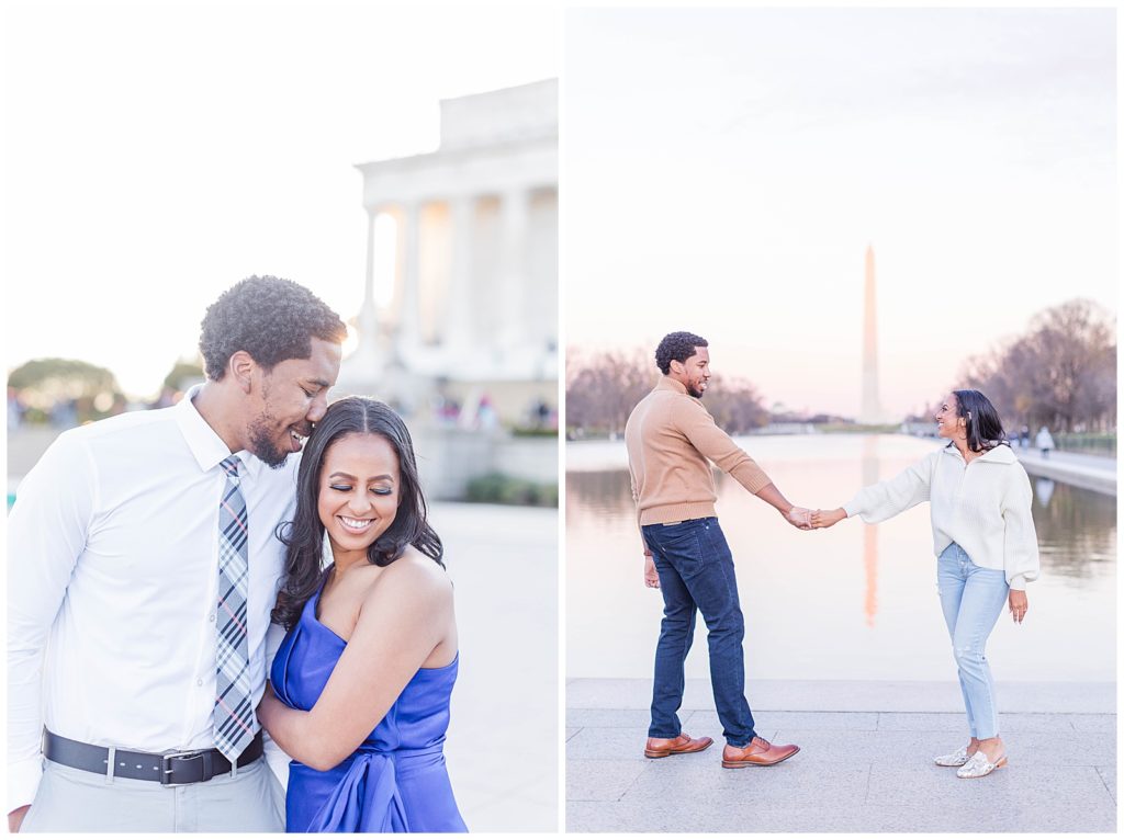 Washington DC engagement photos at the Lincoln Memorial and Washington Monument.